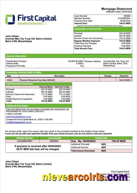 Mozambique First Capital Bank mortgage statement Word and PDF template